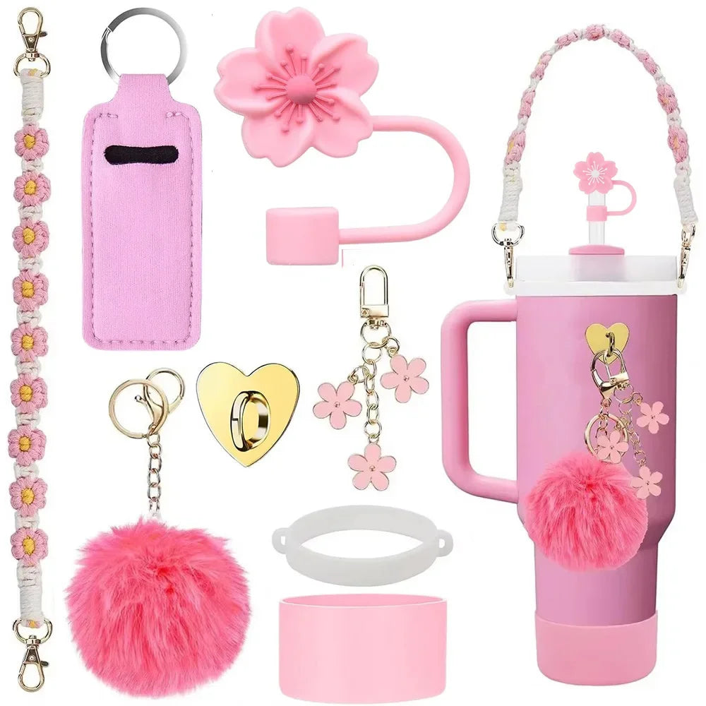 7/8pcs Cup Accessories Set for Stanley Cup Including Handle Strap Siliocne Cup Boot Straw Cover Charms for 40oz 30oz Tumbler
