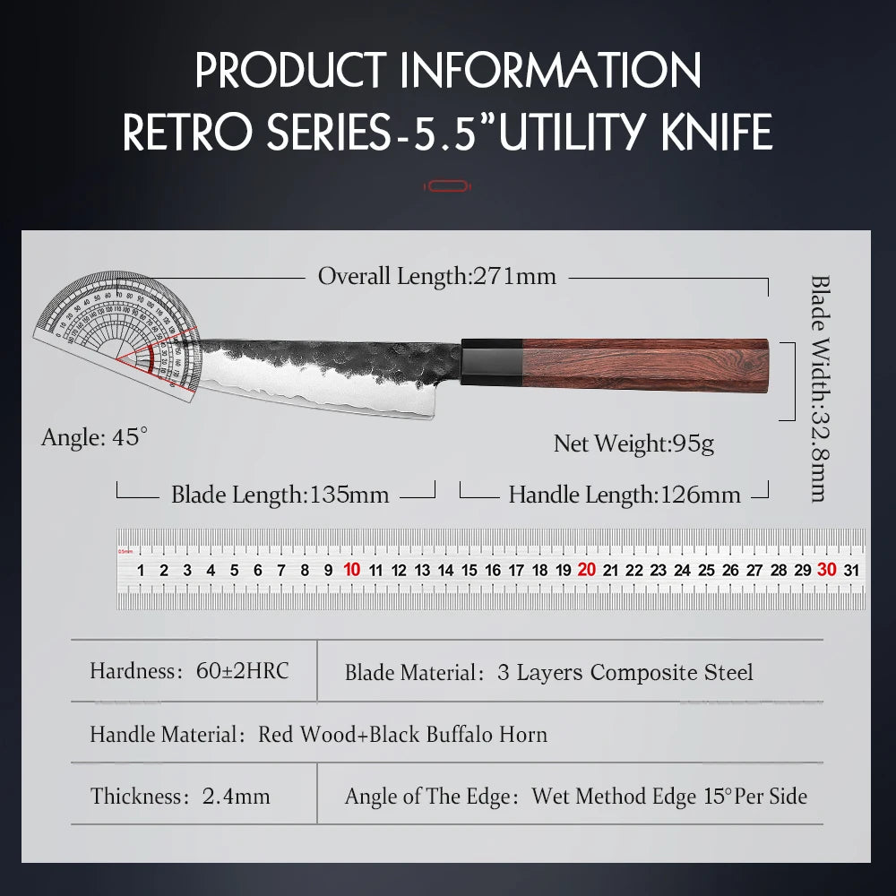 HEZHEN 5.5 Inches Utility Knife Stainless Steel Kitchen Cooking Knives Rosewood Handle With Gift Box Three-layer Composite Steel