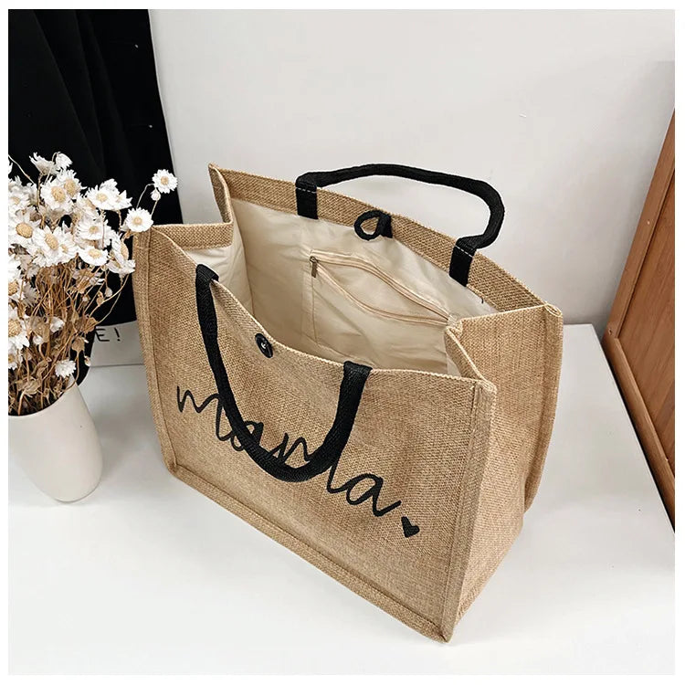 Women Large Capacity Tote Bag Mama Letter Printing Casual Fashion Linen Handbag Shopping Shoulder Bag Mother’s Day Gifts for Mom