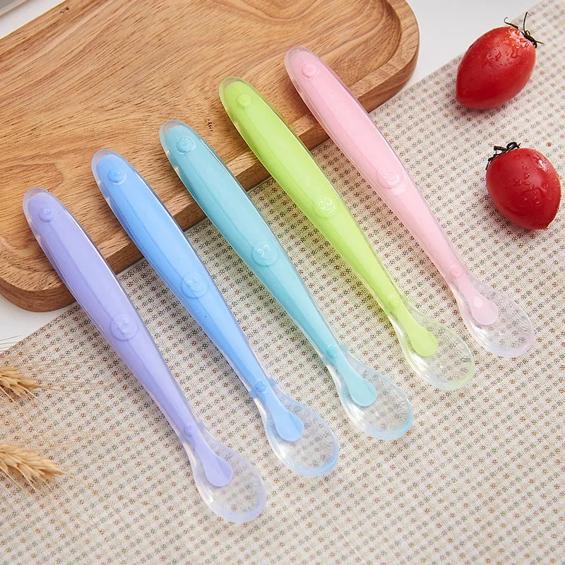 Baby Soft Silicone Spoon with Storage Box Candy Color Temperature Sensing Spoon Children Food Feeding Dishes Feeder Appliance