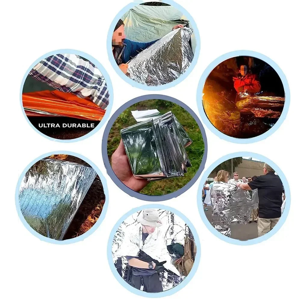 Emergency Thermal Poncho Blanket Lightweight Water-Resistant Windproof Sunshade Reusable First Aid Mat Pad Cover for Camping
