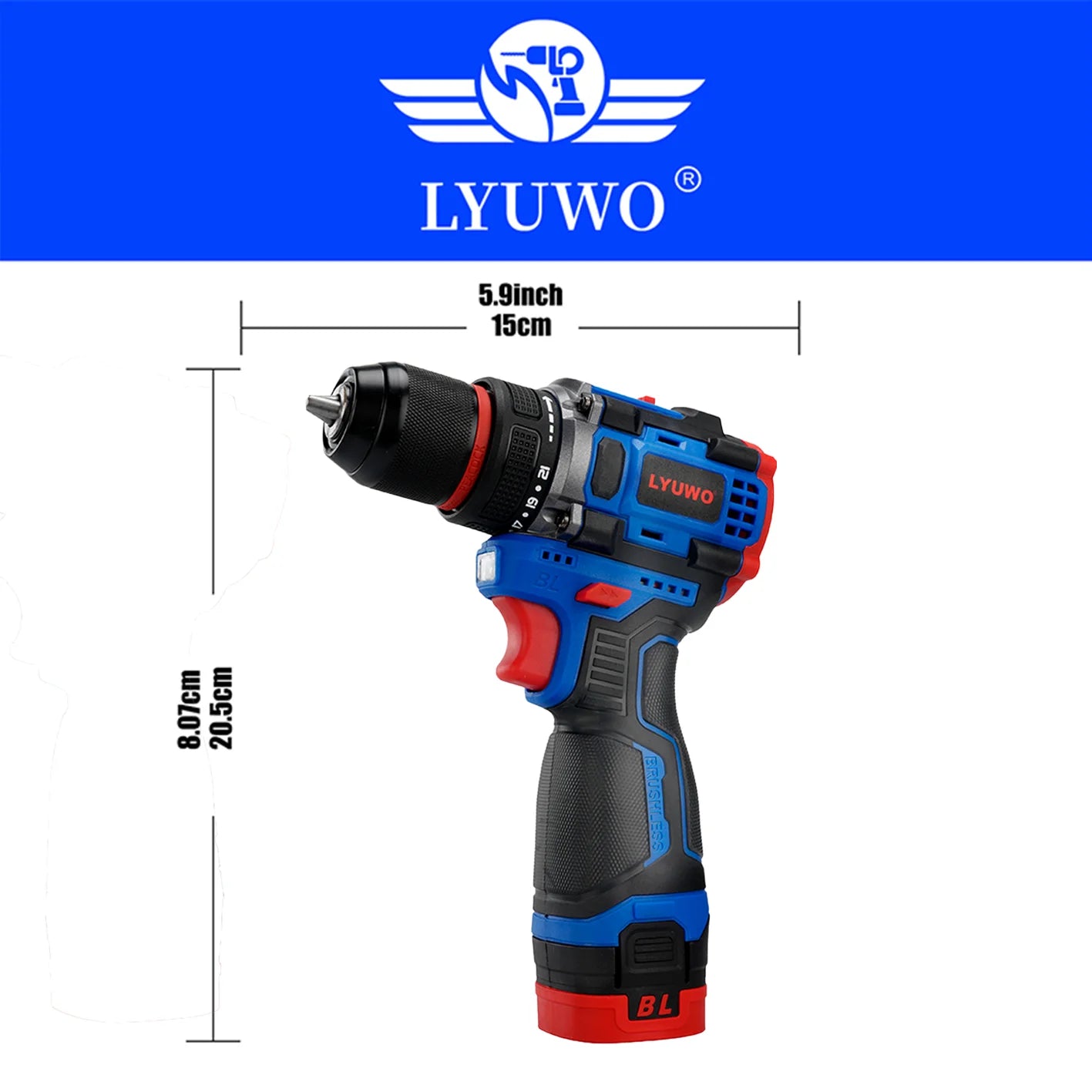 LYUWO 16V Brushless Cordless Drill 70N.m Self-locking Chuck Electric Screwdriver 20+1 Torque Settings 2-Speeds Power Tools