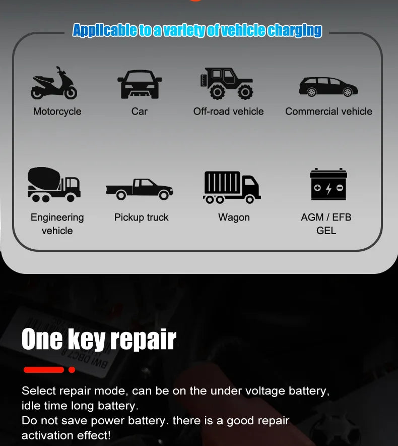 20A/10A Car Motorcycle Battery Charger 12V/24V Smart Charger Lithium AGM GEL Lead-Acid LiFePO4 Battery Chargers