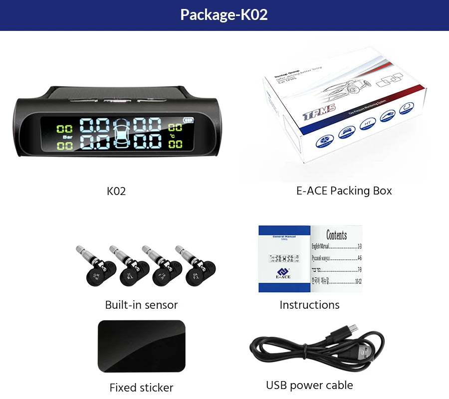 E-ACE K01 TPMS solar sensor intelligence  Wireless Tire Pressure Monitoring System  Auto Security Alarm Device With 4 sensors