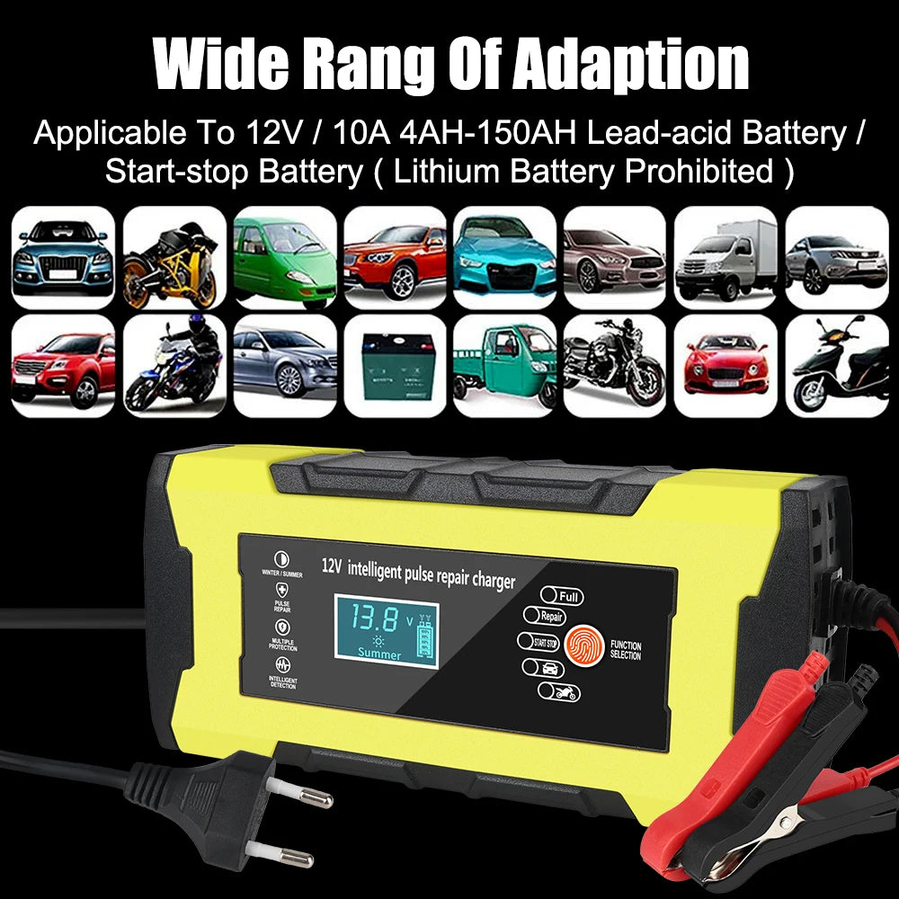 12V 10A Intelligent Fast Power Charging Auto Pulse Repair Car Motorcycl Battery Charger Digital LCD Display Automatic Smart Fast