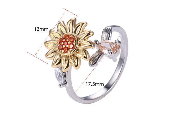 Rotating Sunflower Rings for Women Anti Anxiety Stainless Steel Ring Birthday Wedding Luxury Jewelry Gifts Adjustable Ring