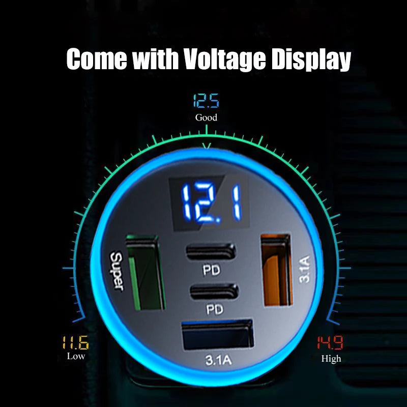 UYUXIO 5 in 1 USB Car Phone Charger Adapter with Voltage Display Dual PD Port Super Fast Charge for iPhone Samsung Huawei OPPO