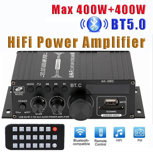 AK380 12V Bluetooth Power Amplifier Home Car Class D HiFi Amp Max 800W Stereo BASS Audio Amps Support FM MP3 Player USB SD input