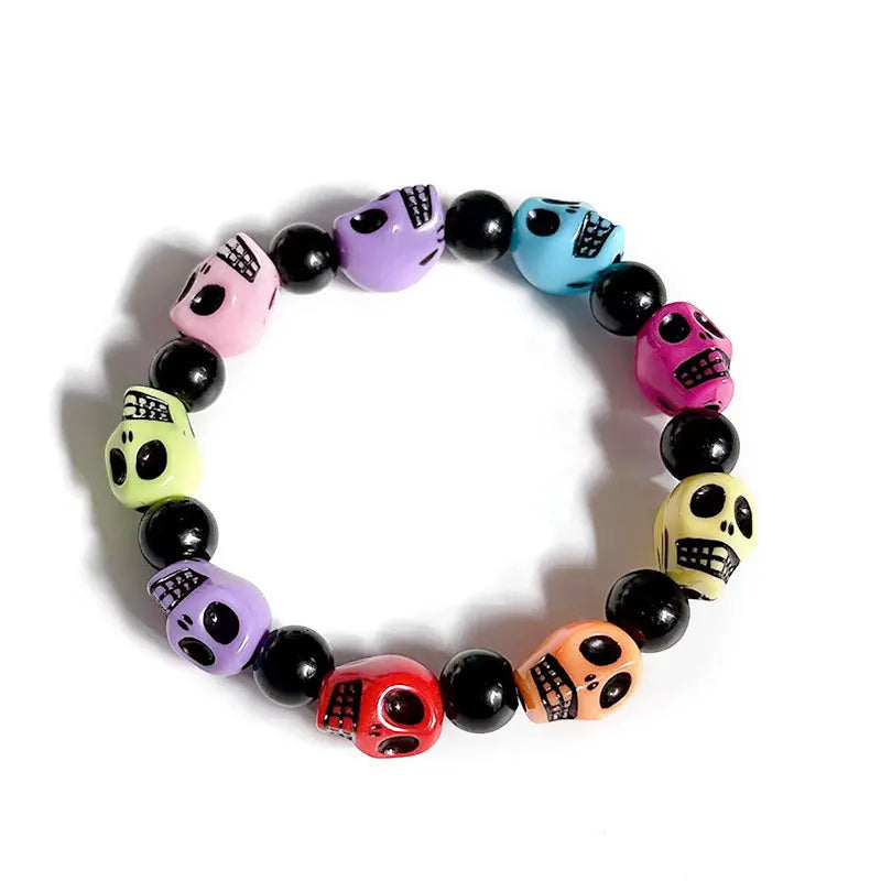 Punk Goth Skull Skeleton Bracelets for Women Men Hip Hop Elastic Beaded Bracelets Bangles Handmade Halloween Jewelry Gift