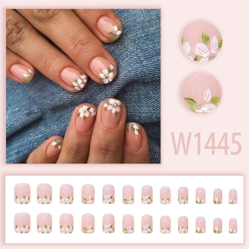 Black Ink Style Fake Nail with Jelly sticker Press on False Nails Wearable Round Head Oval Full Cover Nail Tips