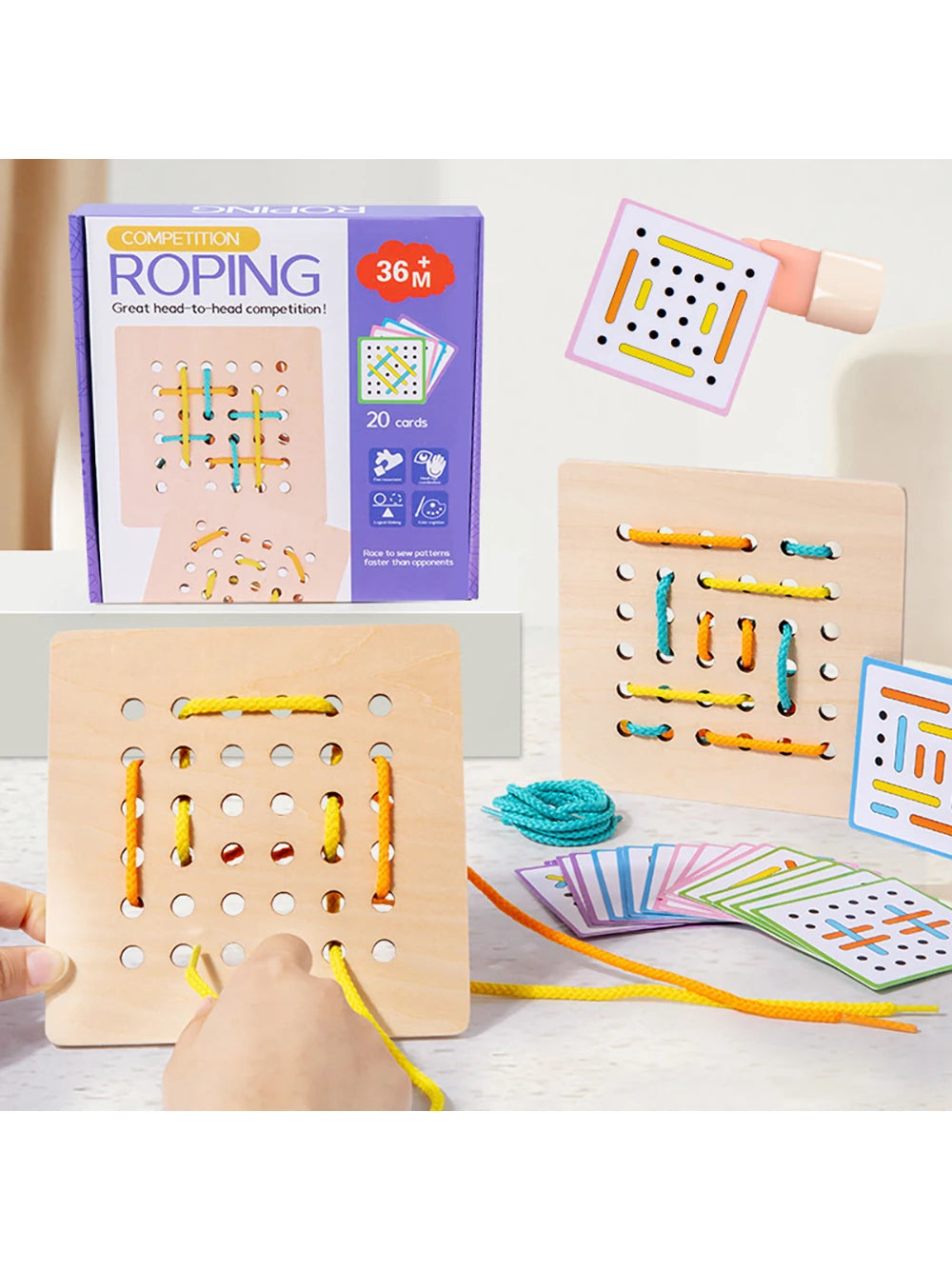 Montessori Wooden Rope Board Manipulative Material Array Block – Graphical Educational Toys With 20Pcs Cards And 6Pcs Rope