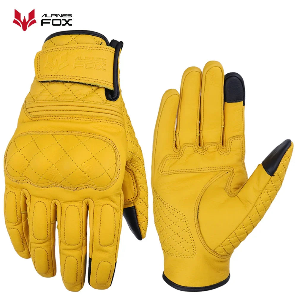 Vintage Leather Motorcycle Gloves Men Women Wear-resistant Motobike Guantes Touchscreen Anti-slip Retro Motobiker Luvas Yellow