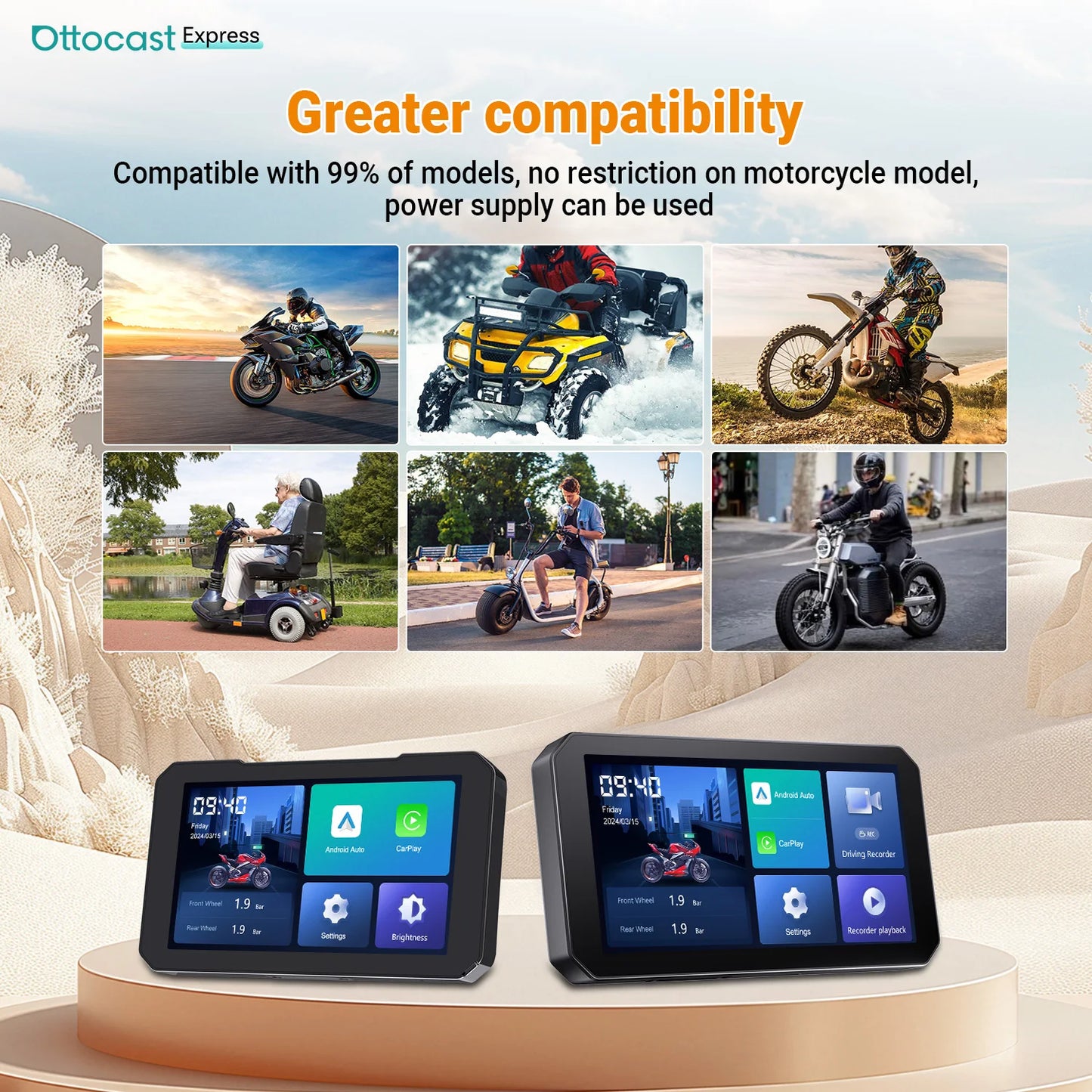 Ottocast 6.0 inch IP67 Waterproof Motorcycle GPS Navigation Wireless Carplay Android Auto DVR Drive Recorder Moto Monitor Wifi