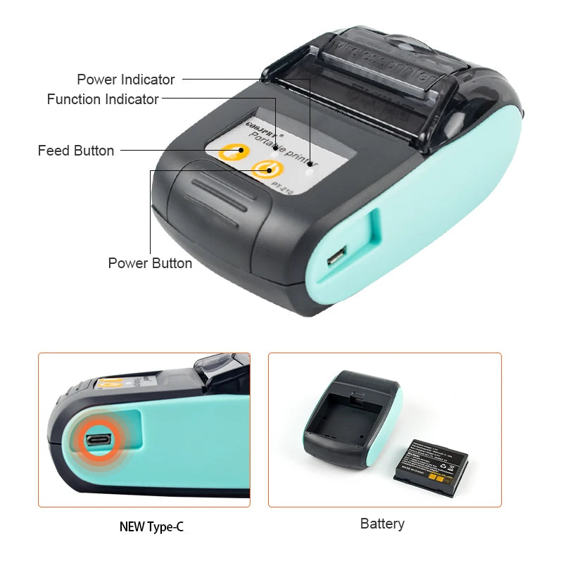 Mini Portable Thermal Receipt POS Printer 58mm Wireless Bluetooth Ticket Bill IOS Android PC Invoice Business Retail Ink-free