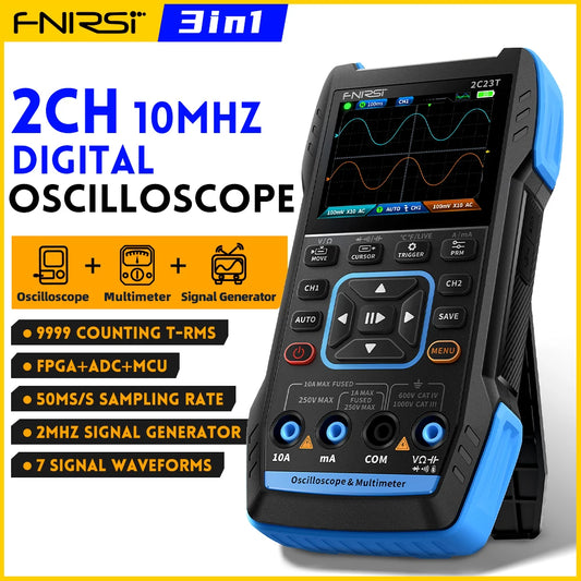 FNIRSI 2C23T Digital Multimeter Handheld Oscilloscope 10MHZ*2+ Function Signal Generator 9999 Count Smart Professional Tester
