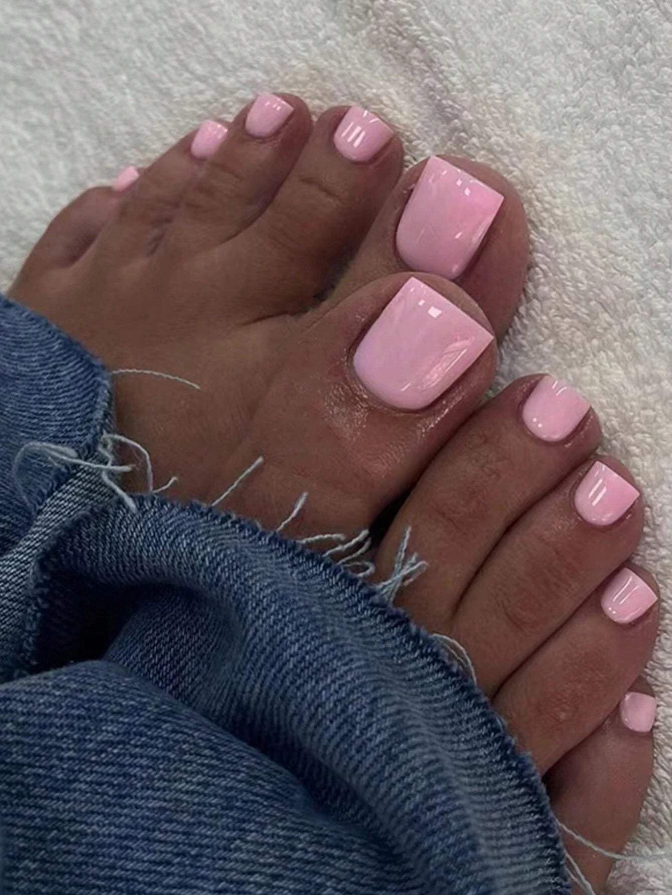 24PCS Short Square Pink Toe Nails Fake Toe Nails Press On Toe Nails French Fake Toe Nails With White Edge Nails