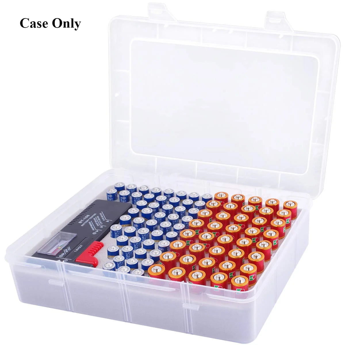 Battery Storage Organizer Box with Battery Tester, Garage Caddy Case Holder Container Bag Holds 90+ Batteries 40 AA