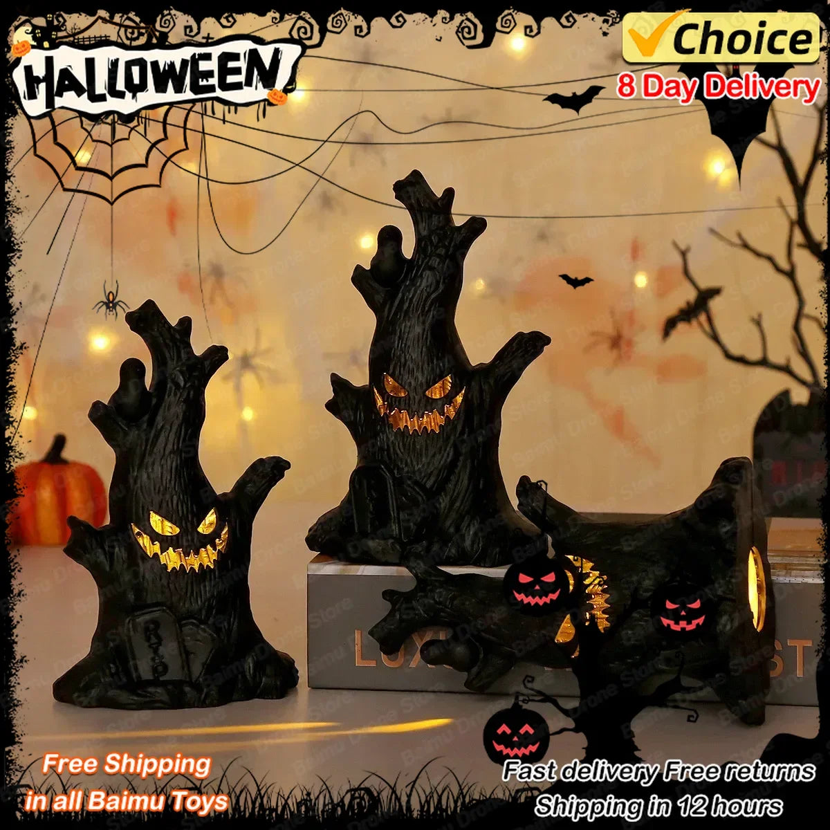 Baimu Toys Halloween Decoration Luminous Pumpkin Lights Ghost Stump Decoration Ghost Face LED Electronic Candle Lights