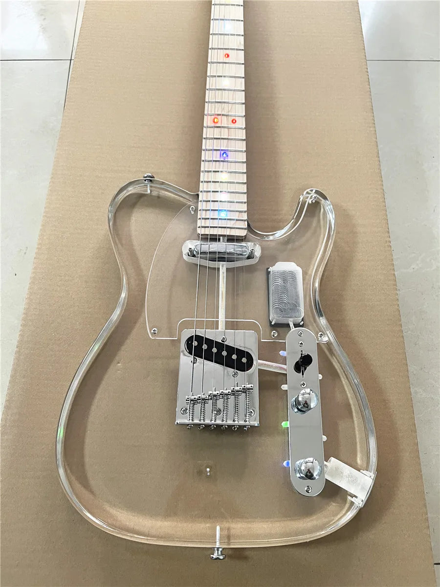 High quality classic acrylic transparent Plexiglass crystal 6-string electric guitar LED lights Maple guitar neck Free shipping