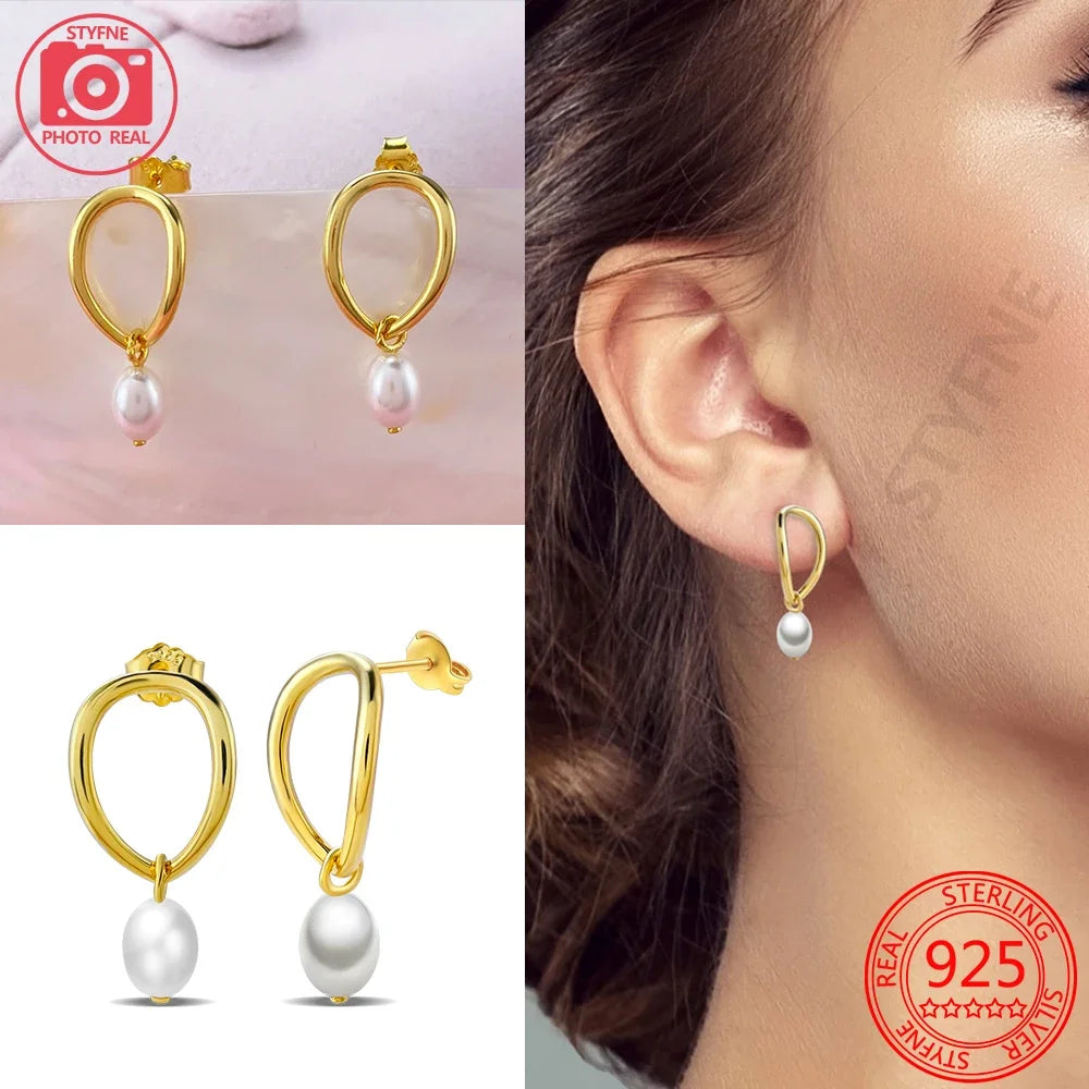 Sterling Silver S925 Pearl Gold Yellow Circular Hoop Earrings Drop Earring Original Charms Fine Jewelry for Women Elegant