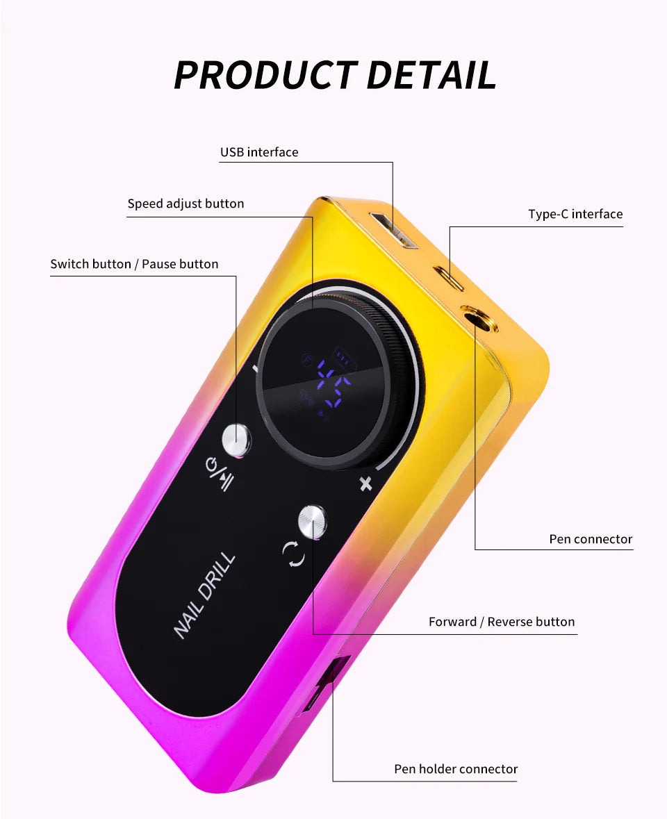 45000RPM Nail Drill Machine Kit Rechargeable Electric Portable Nail Sander File for Gel Nails Polishing For Manicure Salon Home