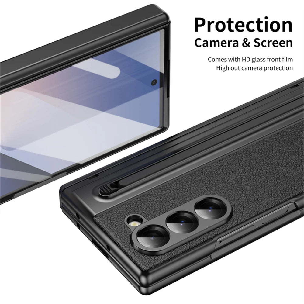 For Samsung Galaxy Z Fold 7 6 5 4 3 Leather Hinge Phone Case Outer Screen Glass S Pen Slot Protective Cover for Galaxy Z Fold 7
