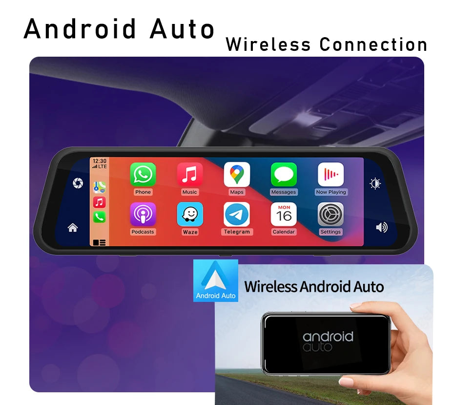 10 Inch 4K 2160P Car DVR Carplay Android Auto 5G WIFI GPS Dash Cam BT FM Dashcam Camera Stream RearView Mirror Drive Recorder