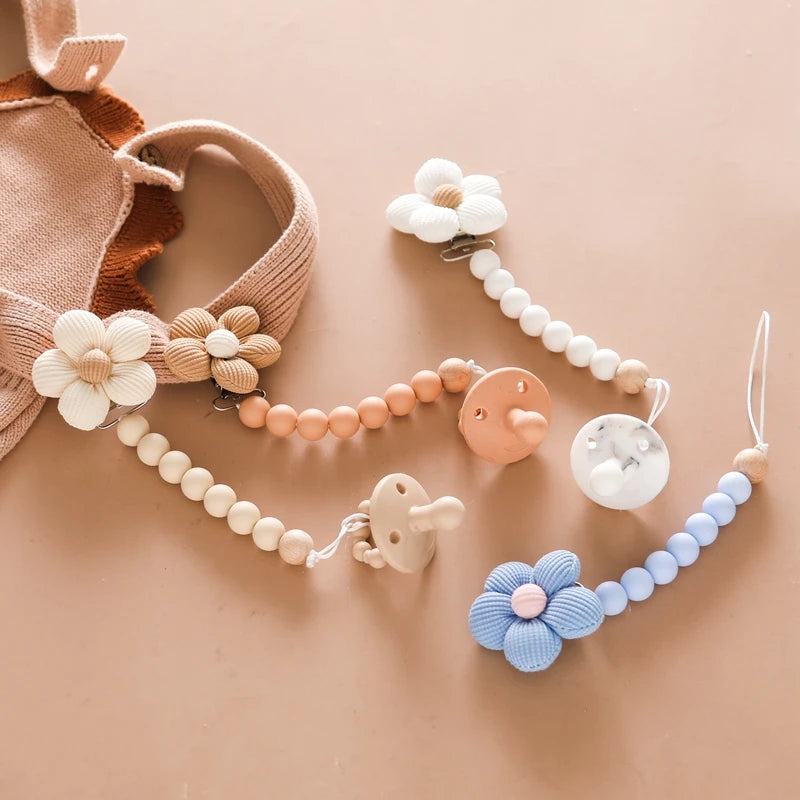 Baby Pacifier Chain Flower Shape Beech Wood Removable Clip For Handmade Baby Nipple Soother Chain Teething Toys Baby Accessories