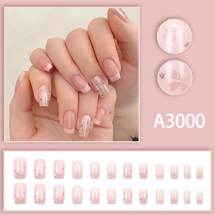 Watercolor Rose Fake Nail with Jelly sticker Press on False Nails Wearable Round Head Oval Full Cover Nail Tips