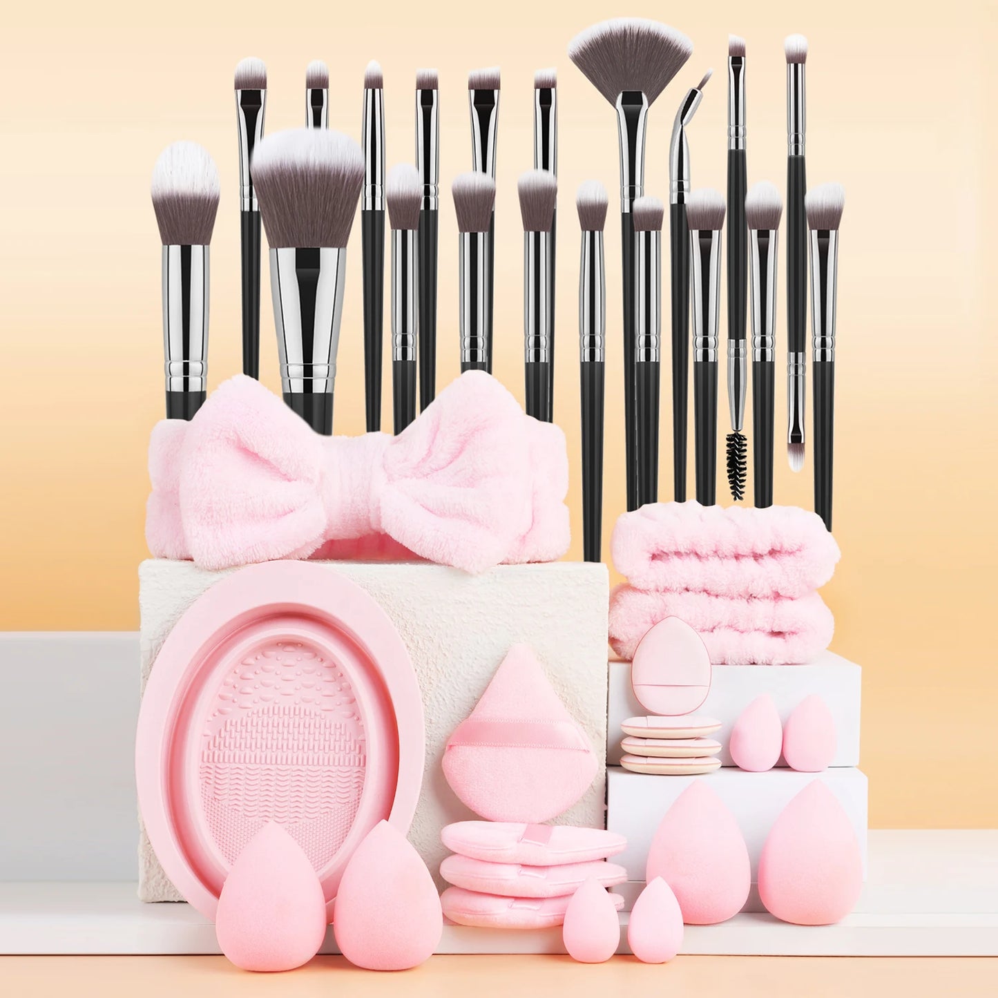 40-piece makeup tool set - 20-piece makeup tools + 16-piece powder puff set + dishwashing, hairband and wristband