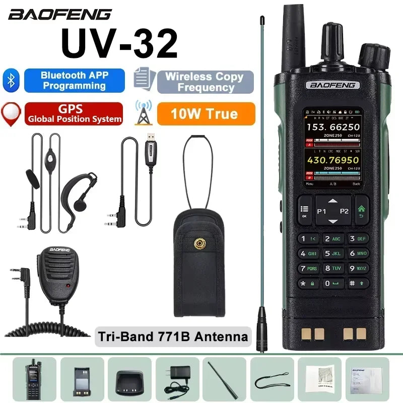 Baofeng UV 32 Walkie Talkie 10W GPS Bluetooth Programming Wireless Copy Frequency Multi Band USB-C FM AM Ham Radio Updated UV25M