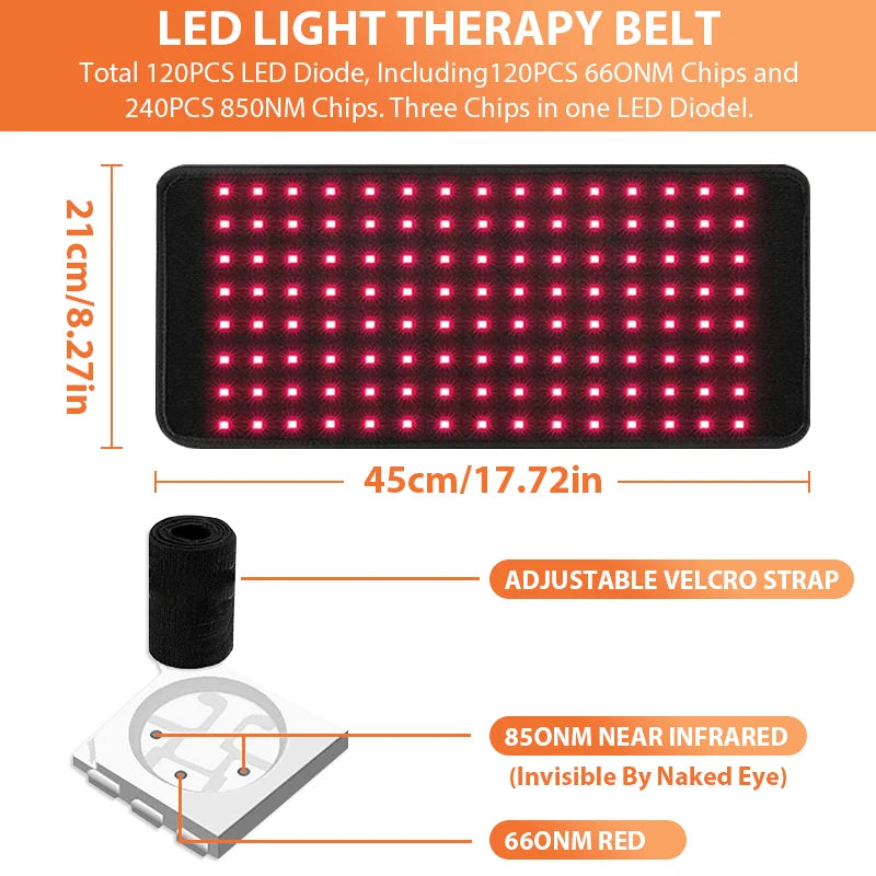 120 LED Red Light Belt 660nm&850nm Infrared Light Therapy Pad for Back Knee Hands Feet Relief Care Body Fatigue Deep Therapy