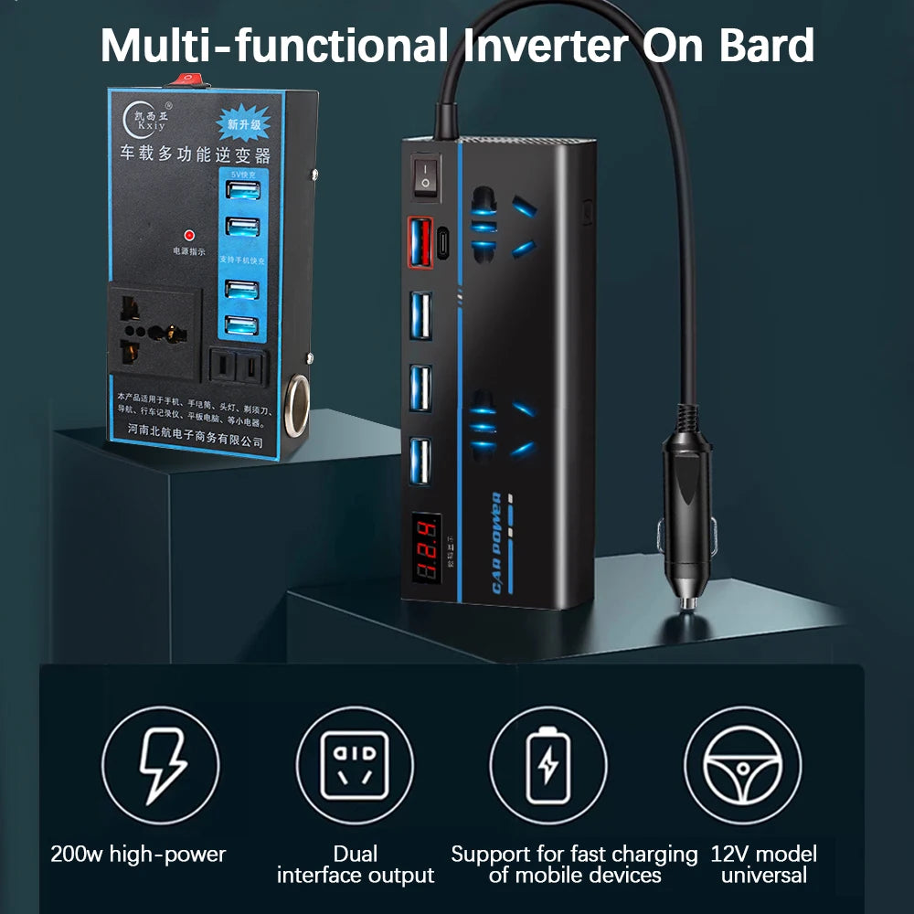 DC 12V/24V to AC 110V/220V Converter USB/PD/Type-C Chargers 200W 8 Ports Sockets ON/OFF Switch Power Adapter Car Inverter QC 3.0