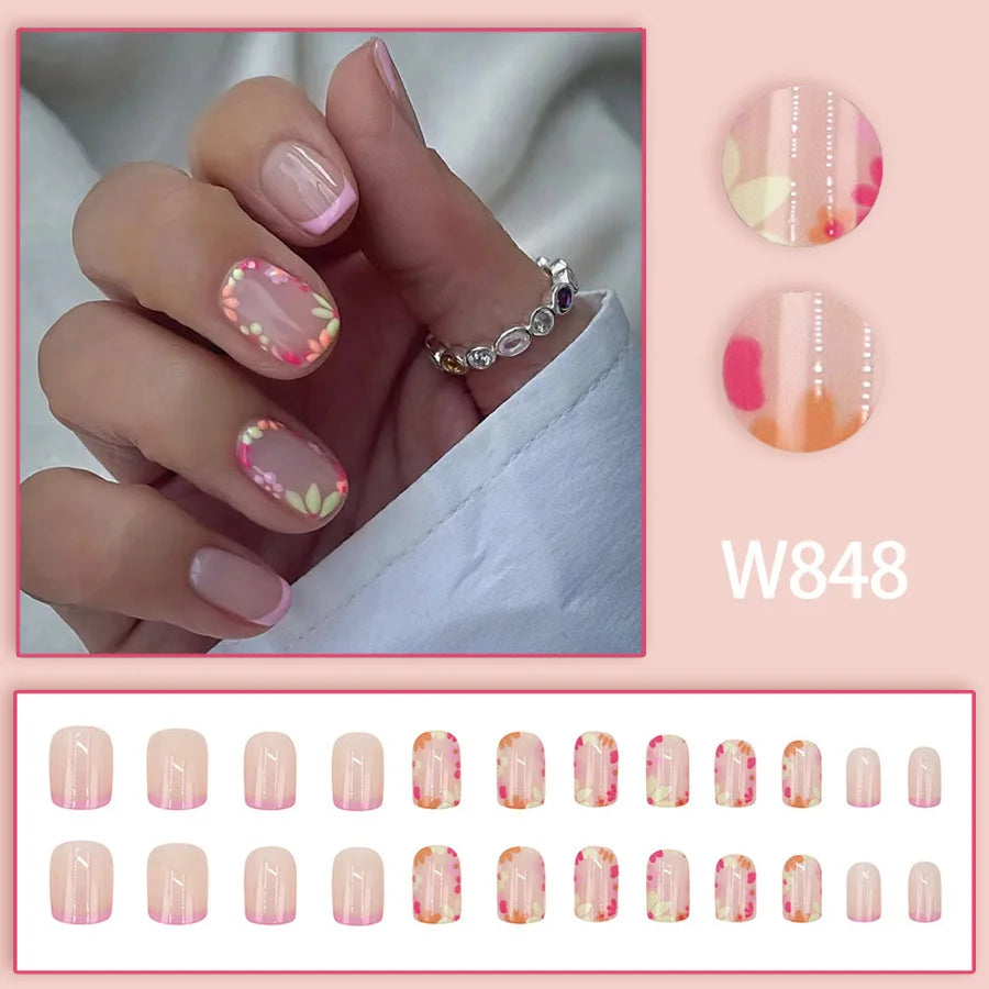 Mandarin Duck 24 Pcs Press on Nails Pink Gradient Fake Nails Glossy Artificial Finger Manicure Reusable False Nails
