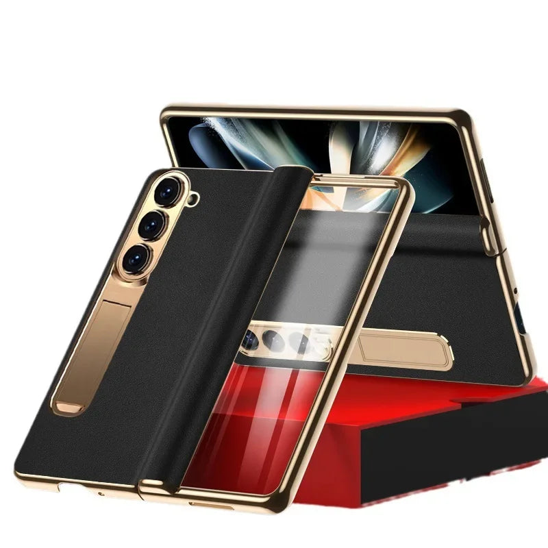 Luxury Leather Cover For Samsung Z Fold 7 6 5 Case Plating Stand Hinge Front Glass Screen