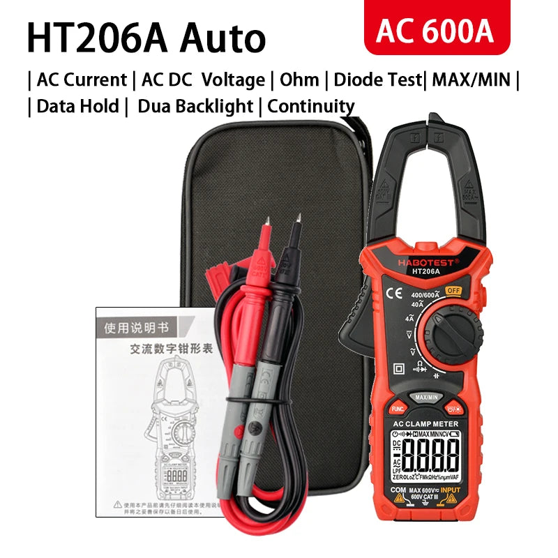 HABOTEST Digital Clamp Meter HT206A HT206B HT206D 600A AC DC Current Two-color Backlight NCV Voltmeter Ammeter With Leather Case