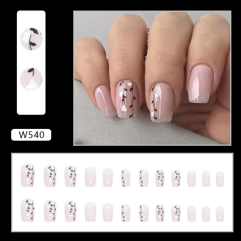 Gold Pink Wine Red 24 Pcs Fake Nail with Jelly sticker Press on False Nails Wearable Round Head Oval Full Cover Nail Tips
