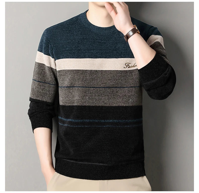 High Quality Men's Sweaters Fashion Knitting Pullover Striped Men's Autumn Winter Tops Round Neck Jerseys Fleece Bottom Shirts