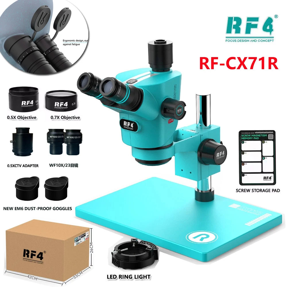 RF4 CX71R New Focus Trinocular Stereo Microscope 6.5x-65x 30°C Ergonomic Design 10X/23MM Eyepice for Phone Soldering PCB Repair