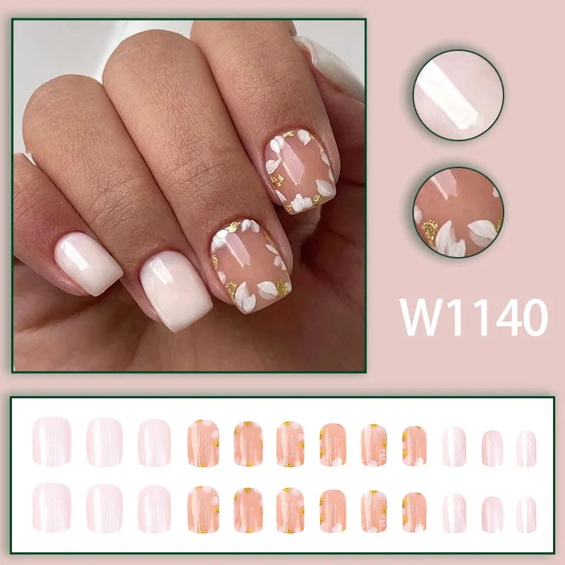 Mandarin Duck 24 Pcs Press on Nails Pink Gradient Fake Nails Glossy Artificial Finger Manicure Reusable False Nails