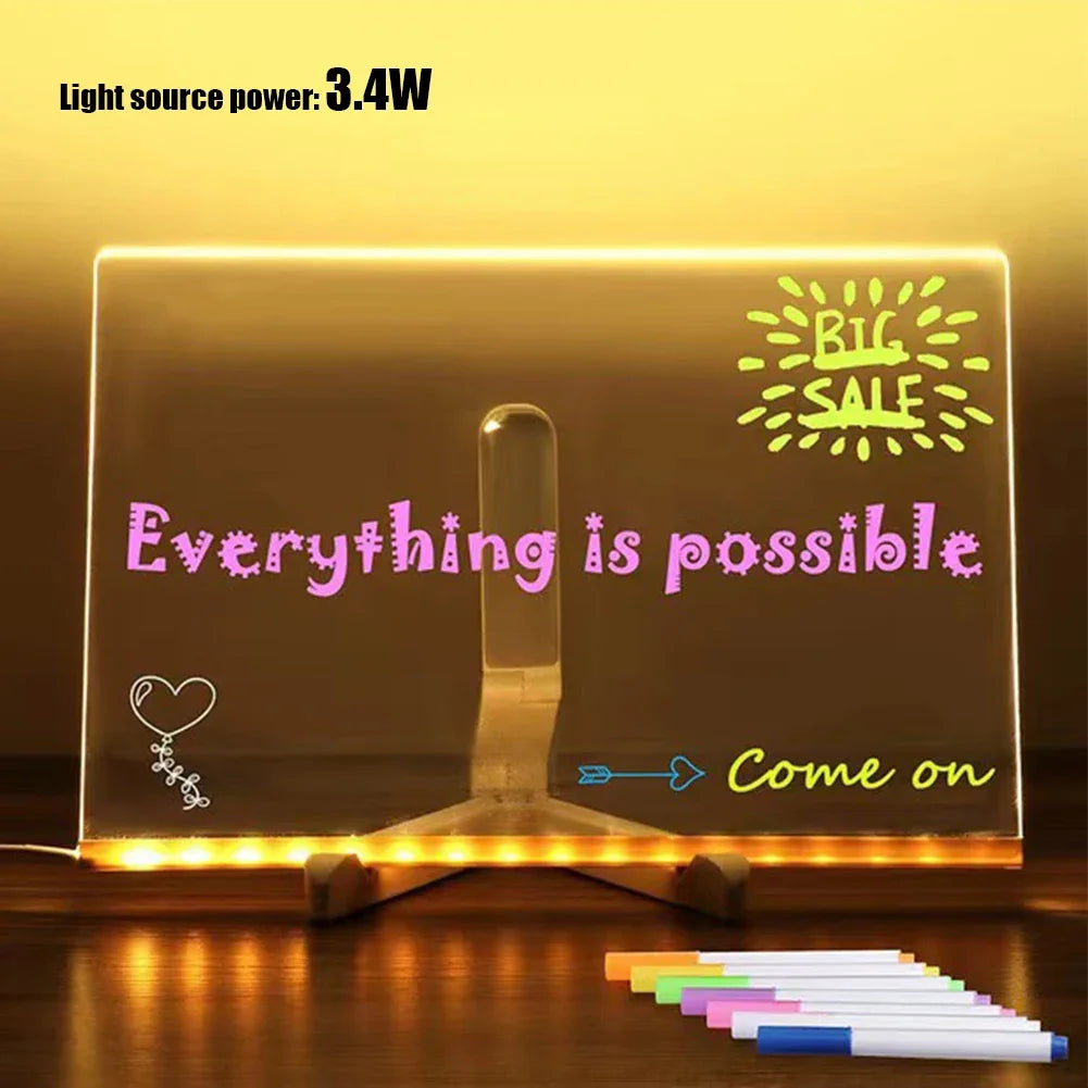 Light Up Acrylic Message Board Rewritable DIY Children's Glowing Drawing Board Message Lamp With Colorful Pens