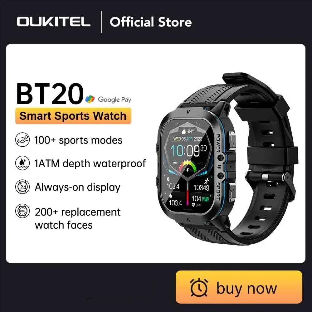 Oukitel BT20 2024 Rugged Smartwatch Sport Smart Watch For Men 350mAh BT 5.2 1.96 Inch AMOLED Display Men's Smartwatch