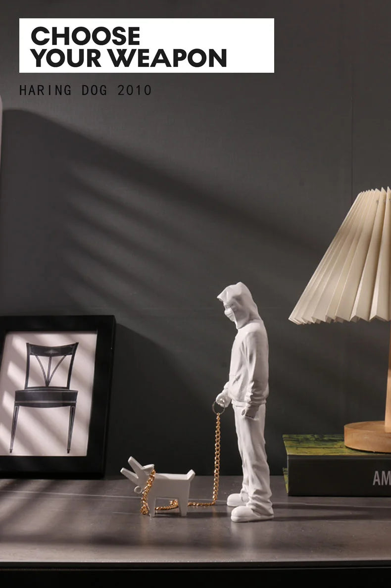 Banksy a trendy man playing with dogs, white fashion toys, art sculptures and ornaments