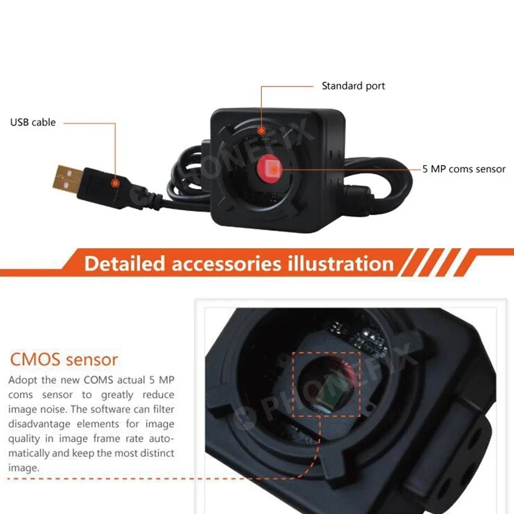 5MP USB Microscope Video industrial Digital Camera 0.5X Eyepiece C-Mount 23.2mm Adapter with 30/30.5mm Ring for Image Capture