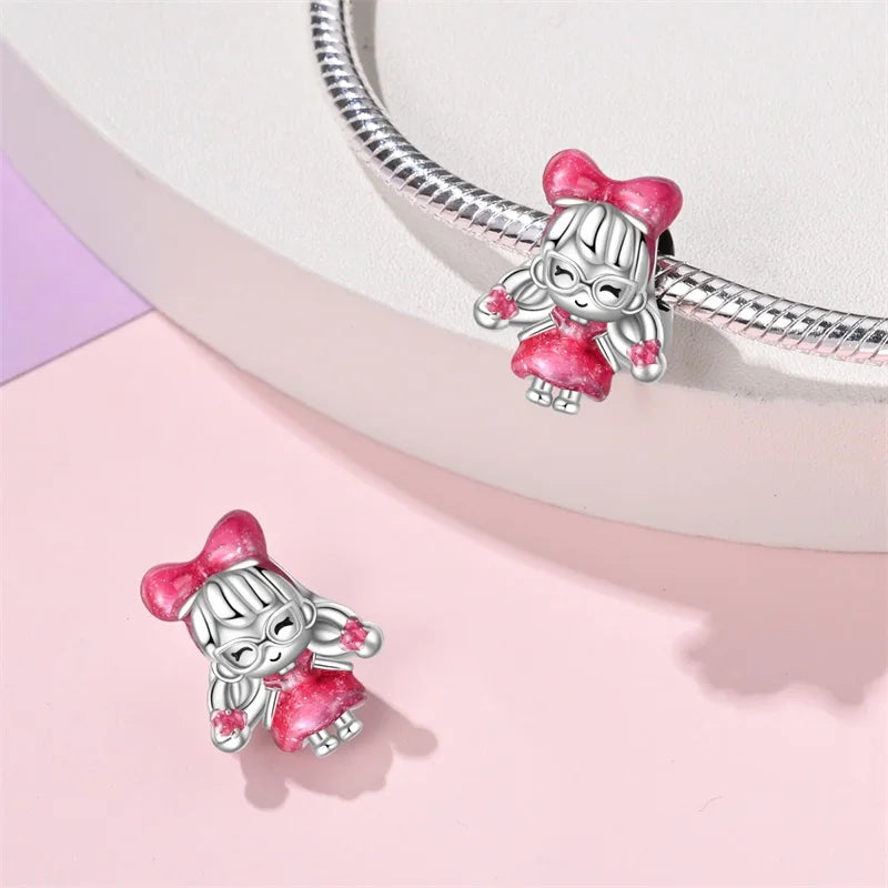 925 Sterling Silver Princess Powder Series Exquisite Daily Bow Sweet Charms Beads Fit Pan Original Bracelets DIY Jewelry