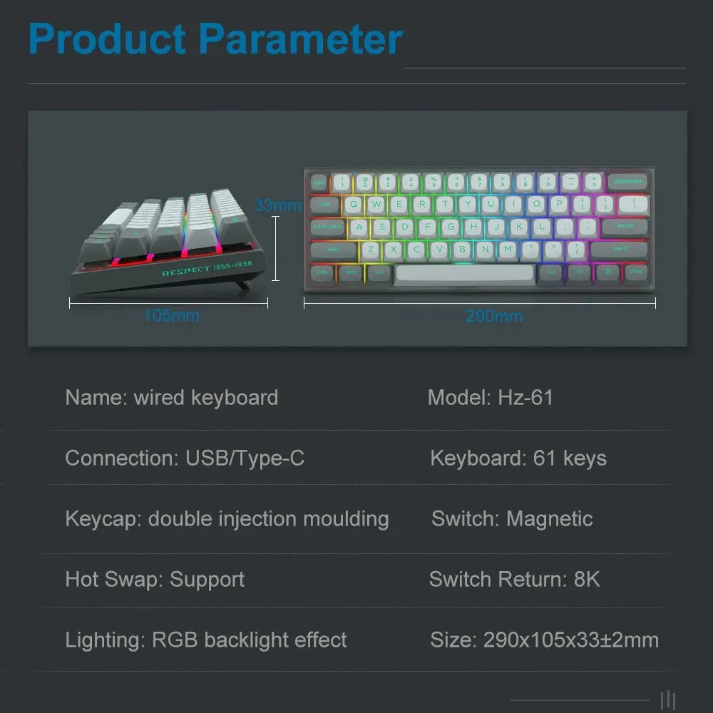 E-YOOSO Hz-61 RGB USB Mini 8K RT Mechanical Gaming Keyboard Magnetic Switch 61 Key Wired for Computer PC Laptop Detachable Cable