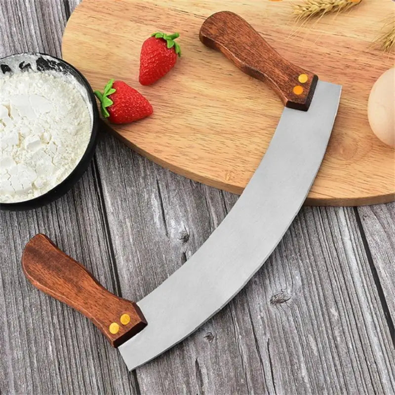 Pizza Knife Nougat Double Wooden Handle Stainless Steel With Curved Scraper Cutter Baking Tool Kitchen Bakeware