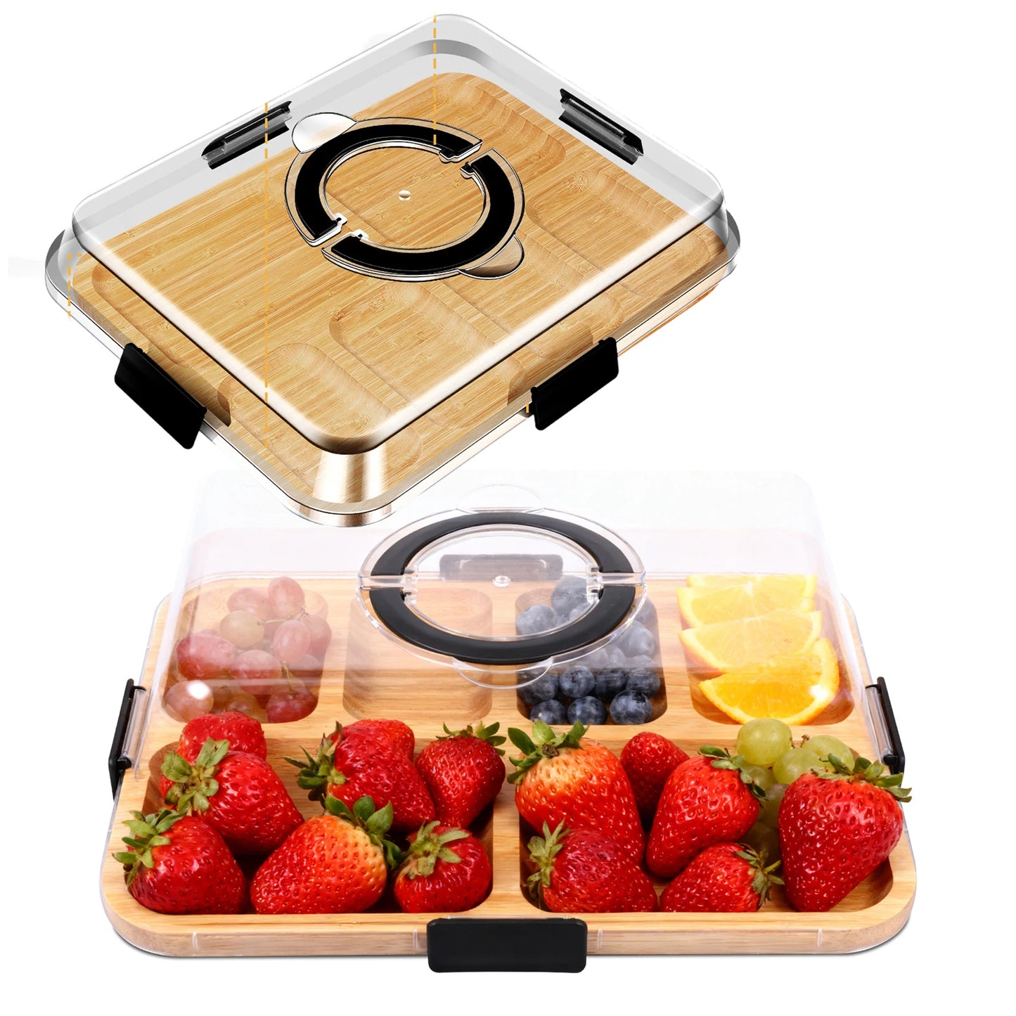 Bamboo Cheese Platter with Transparent Lid Biscuit Snacks Fruit Serving Tray Divided Charcuterie Board for Party Camping Picnic