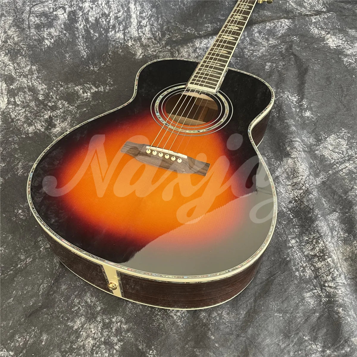 Sunburst Solid Spruce Acoustic Guitar 40 Inches OM Type 45 Model Rosewood Body Abalone Inlays Ebony Fingerboard