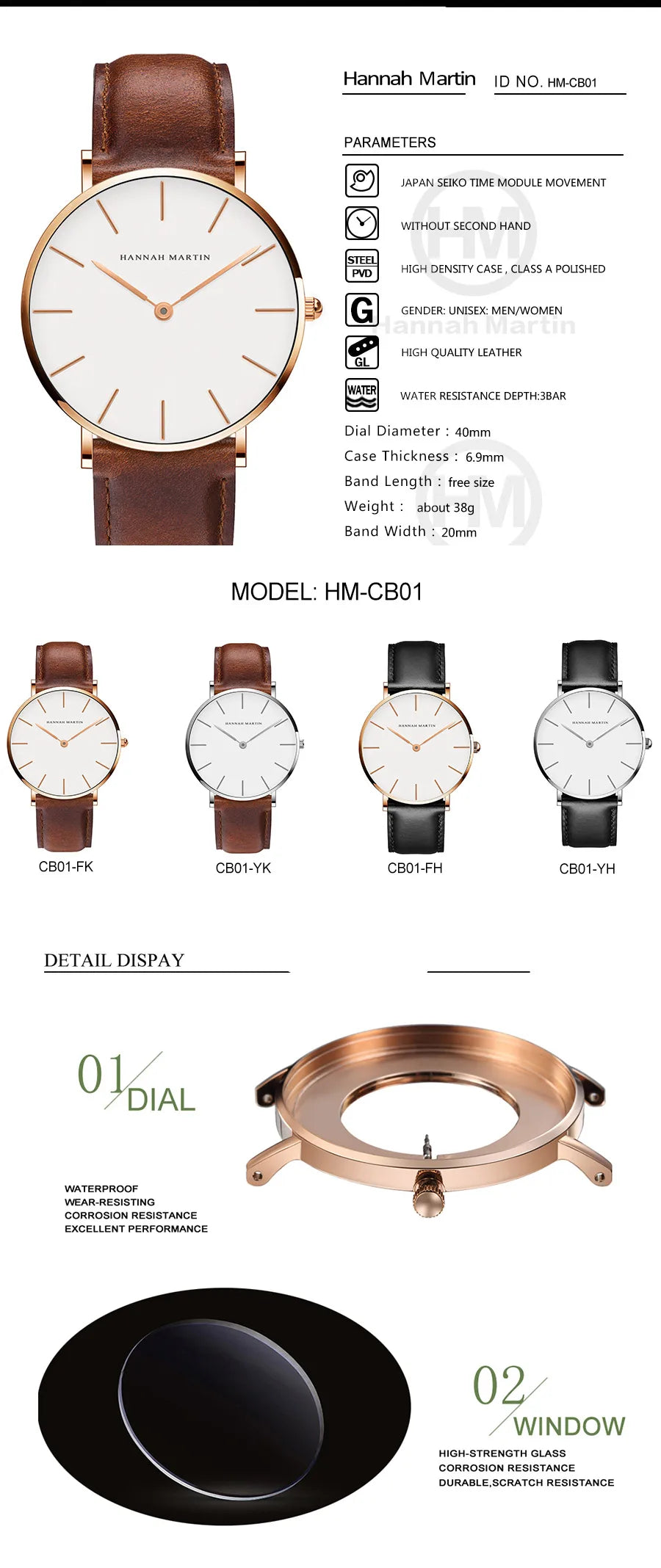 Hannah Martin Brand Fashion  Japan Quartz Wrist Watches Silver Brown Leather Men Watch Waterproof Dress Watch Men Casual